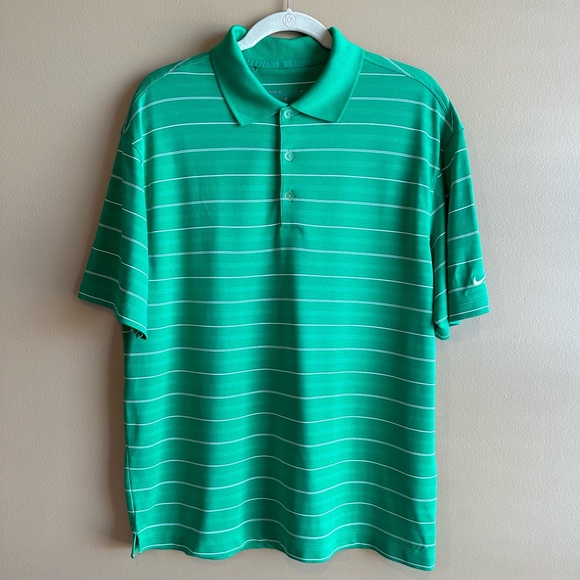 Nike Golf Mens Polo Dri-Fit Green White Striped Short Sleeve Polo Shirt Size L - Picture 2 of 16